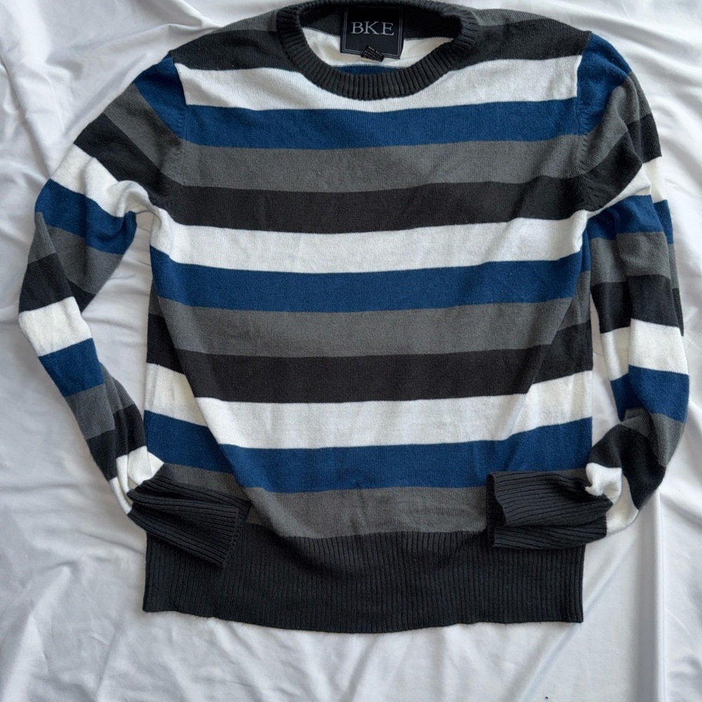 BKE Men's Crewneck Sweater - Blue, Black, Gray, White Stripes